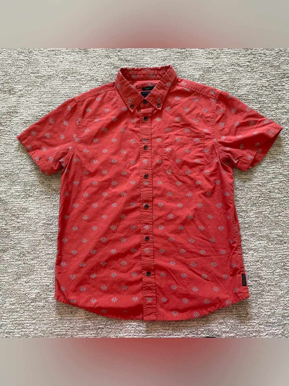 Prana Slim Fit Short Sleeve Button Down Shirt Men’s Small Orange All Over Print